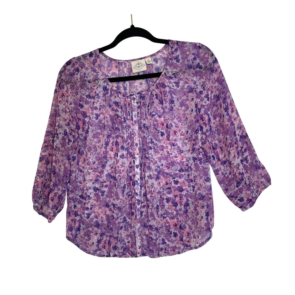 St John's Bay Floral Blouse 3/4 Sleeve Button Front Top Purple Pink Size PS